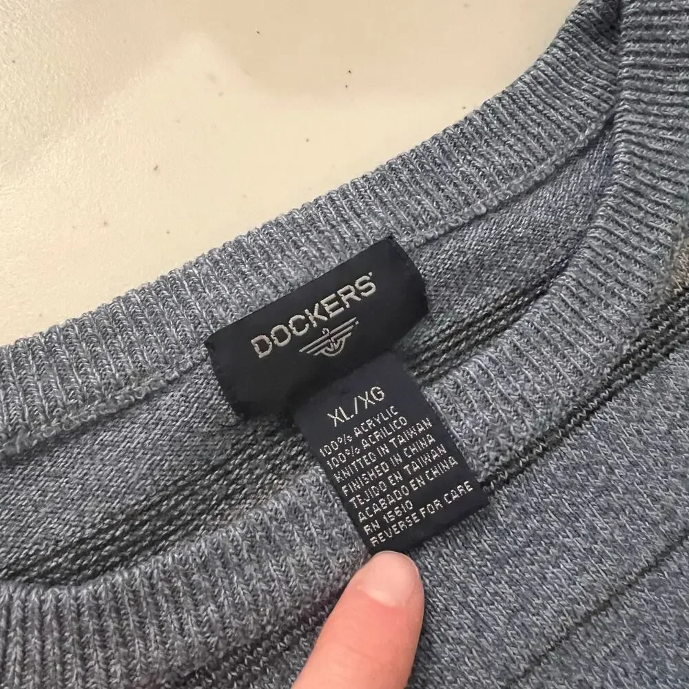 Vintage 90s Blue Knit Oversized Striped Crewneck Pullover Sweater Size XL